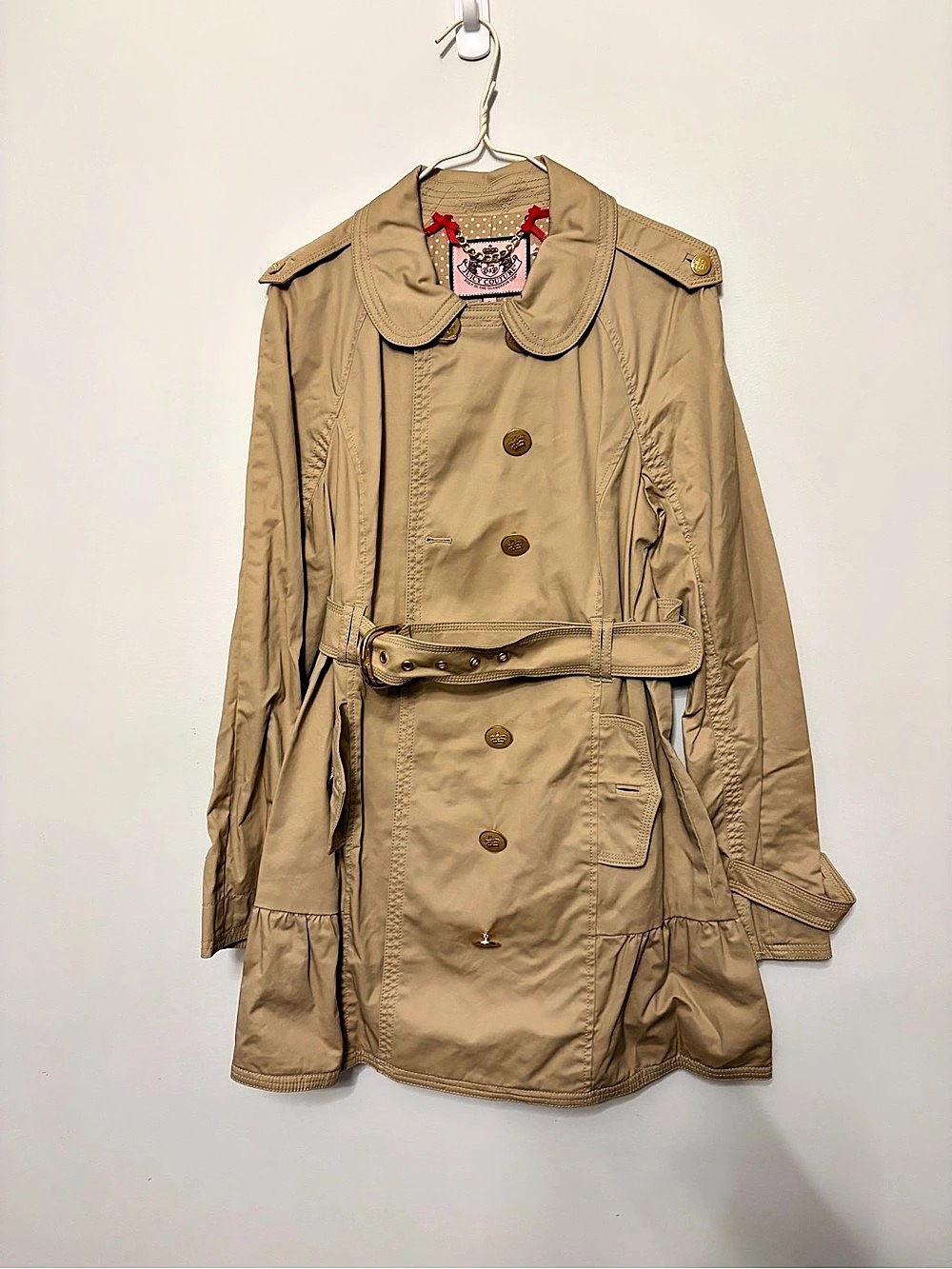 Juicy Couture Ruffle Hem Belted Trench Coat Beige